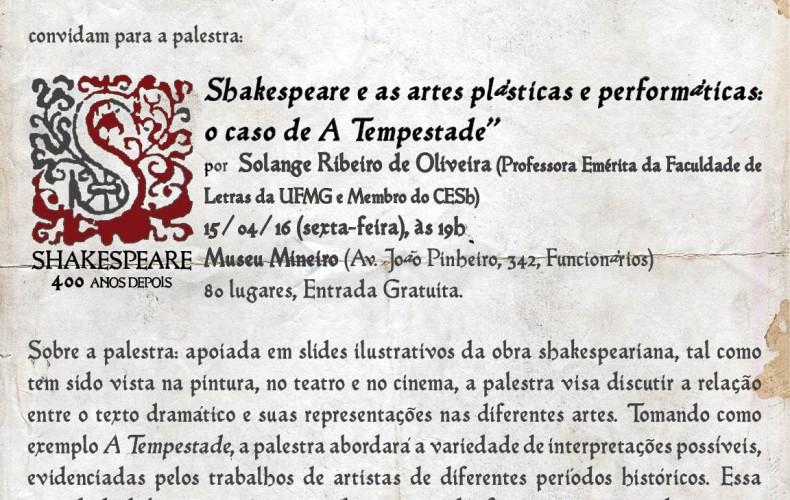 Palestra Shakespeare e artes plásticas: o caso de A Tempestade, ministrada por Solange Ribeiro de Oliveira – 15 de Abril às 19hs