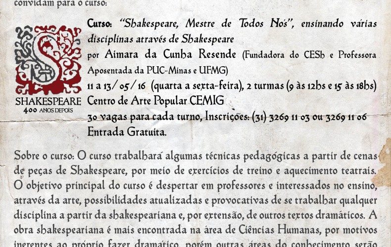 Inscrições abertas para o curso Shakespeare, Mestre de Todos Nós – ensinando várias disciplinas através de Shakespeare